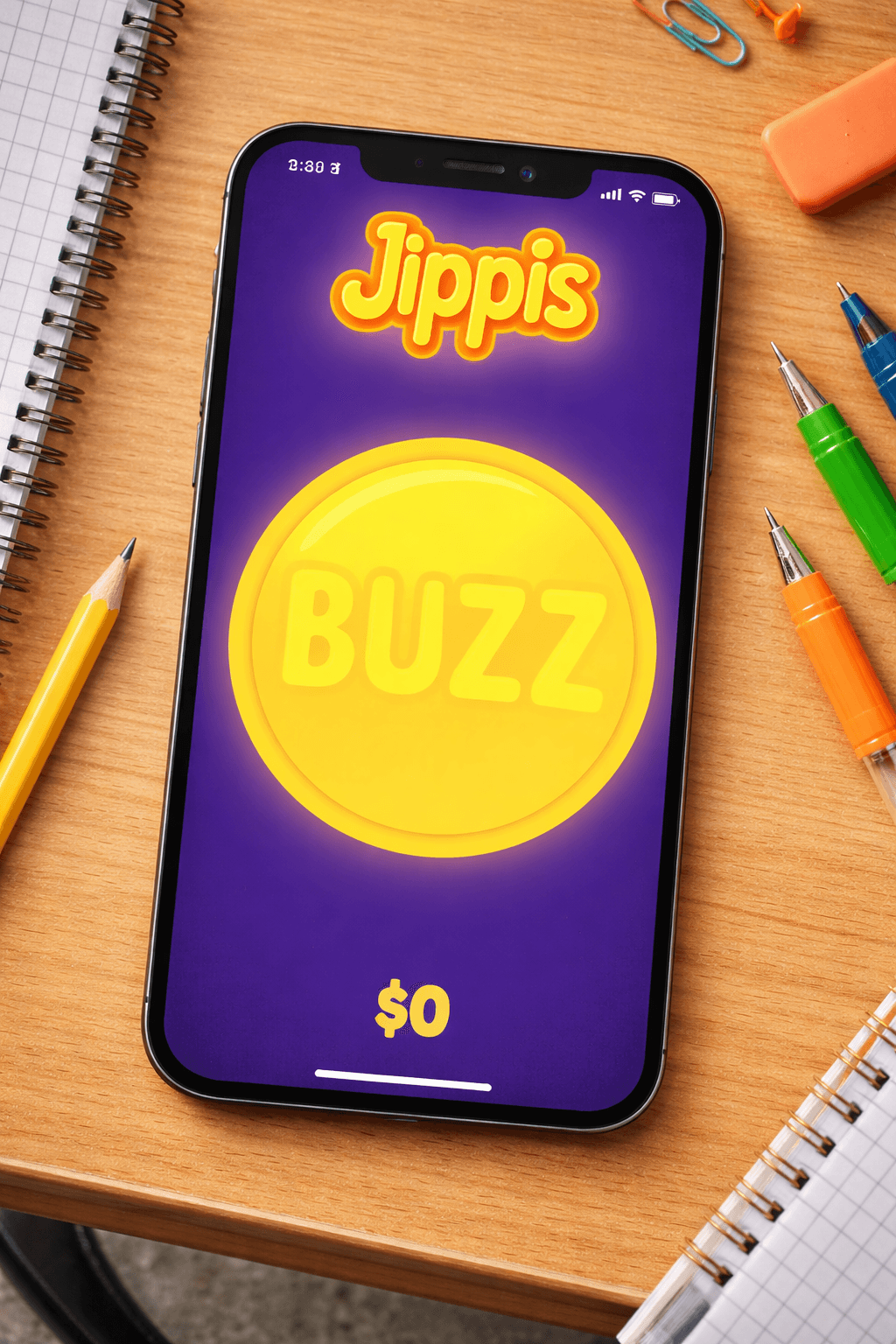 A phone showing the Jippis buzzer on a desk